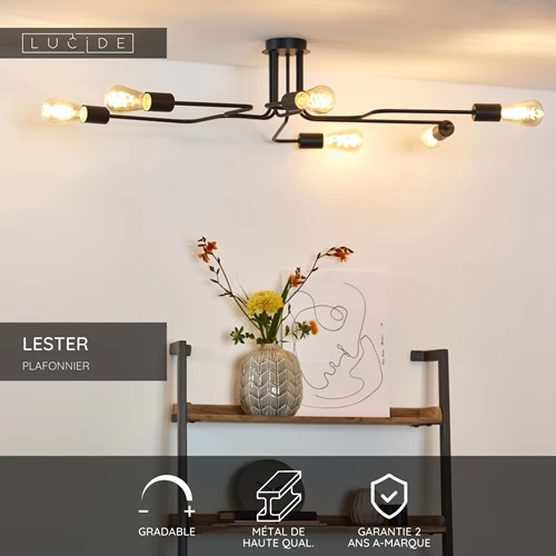 Lucide LESTER - Plafonnier - 6xE27 - Noir - USP